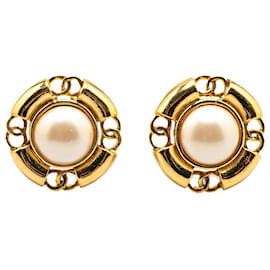 Chanel-Chanel Gold Gold Plated CC Faux Pearl Clip on Earrings-White,Golden