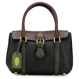 Fendi-Fendi Black Mini Bicolor Leather Selleria Linda-Brown,Black,Other,Dark brown