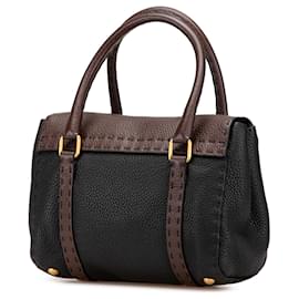 Fendi-Fendi Black Mini Bicolor Leather Selleria Linda-Brown,Black,Other,Dark brown