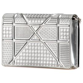 Dior-Dior Silver Metallic Patent Microcannage Diorama Wallet on Chain-Silvery