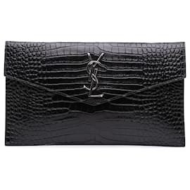 Saint Laurent-Saint Laurent Black Croc Embossed Leather Uptown Pouch-Black