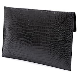 Saint Laurent-Saint Laurent Black Croc Embossed Leather Uptown Pouch-Black
