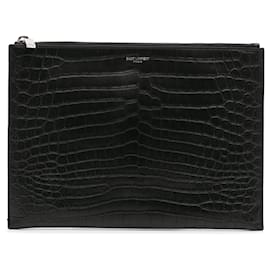 Saint Laurent-Saint Laurent Black Croc Embossed Leather Clutch-Black
