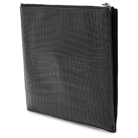 Saint Laurent-Saint Laurent Black Croc Embossed Leather Clutch-Black