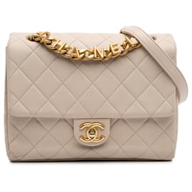 Chanel-Chanel Brown Quilted Lambskin Chaine Lettre Square Flap-Brown,Beige