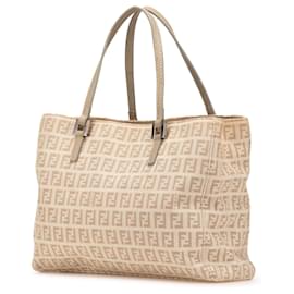 Fendi-Fendi Brown Zucchino Canvas Tote-Brown,Beige
