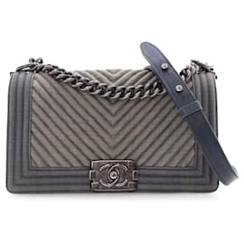 Chanel-Chanel Blue Old Medium Chevron Denim Boy Flap-Blue,Other
