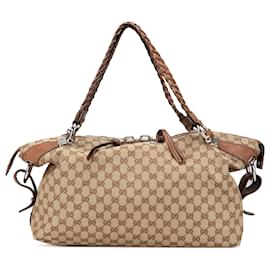 Gucci-Gucci Brown Medium GG Canvas Bamboo Bar Tote-Brown,Beige