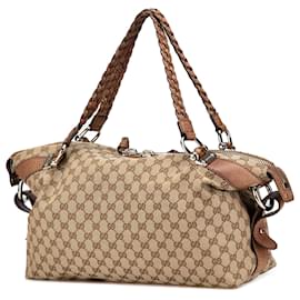 Gucci-Gucci Brown Medium GG Canvas Bamboo Bar Tote-Brown,Beige