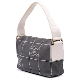 Chanel-Chanel Black CC Chocolate Bar Canvas Shoulder Bag-Other,Cream