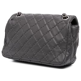 Chanel-Chanel Gray Quilted Lambskin Stitched Single Flap-Brown,Dark grey