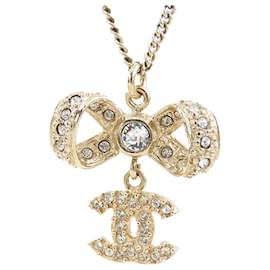 Chanel-Chanel Gold Gold Plated CC Bow Crystal Pendant Necklace-Golden