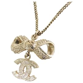 Chanel-Chanel Gold Gold Plated CC Bow Crystal Pendant Necklace-Golden