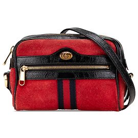 Gucci Mini Borsa a Tracolla Ophidia in Suede Rosso con Banda Web Rosso