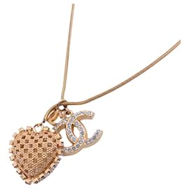 Chanel-Chanel Gold Gold Plated CC Heart Rhinestones Pendant Long Necklace-Golden