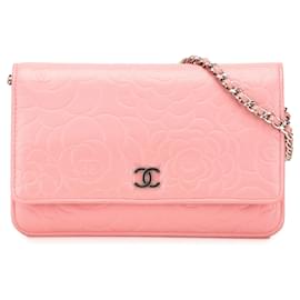 Chanel-Chanel Pink Embossed Lambskin Camellia Wallet On Chain-Pink