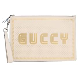 Gucci-Gucci White Leather Guccy Sega Clutch-White