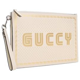 Gucci-Gucci White Leather Guccy Sega Clutch-White
