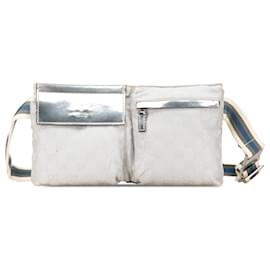 Gucci-Gucci White GG Canvas Web Double Pocket Belt Bag-White,Cream