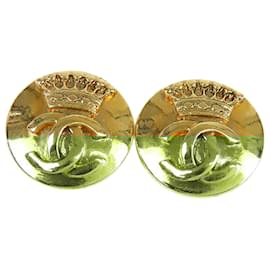 Chanel-Chanel Gold Gold Plated CC Crown Clip On Earrings-Golden