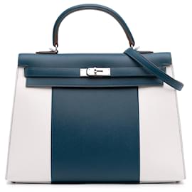 Hermès-Hermès Blue Bicolor Epsom Kelly Flag Sellier 35-Blue,Dark blue