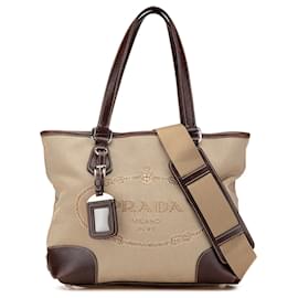 Prada-Prada Brown Leather Trimmed Canvas Canapa Logo Satchel-Brown,Other