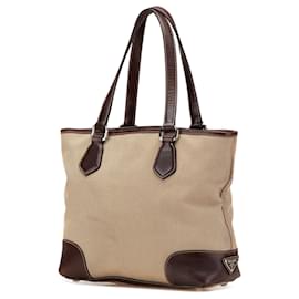 Prada-Prada Brown Leather Trimmed Canvas Canapa Logo Satchel-Brown,Other