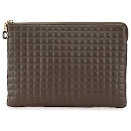 Céline-Celine Brown Quilted Calfskin C Charm Clutch-Brown,Dark brown