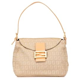 Fendi-Fendi Brown Zucchino Canvas Double Flap Mamma-Brown,Beige