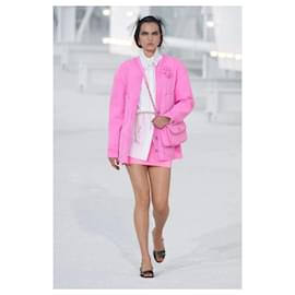 Chanel-Chanel 21S Two Camellia Bright Neon Pink Denim Jacket FR 36-Pink