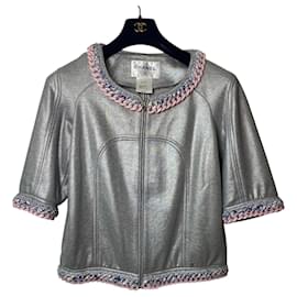 Chanel-Chanel 2014 Supermarket Metallic Silver Grey Bomber Jacket Tweed and Lucite Pink Trim FR 38-Silvery,Pink,Grey