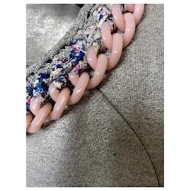 Chanel-Chanel 2014 Supermarket Metallic Silver Grey Bomber Jacket Tweed and Lucite Pink Trim FR 38-Silvery,Pink,Grey