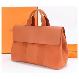Hermès-Hermes Valparaiso MM Leather Toile Chevron Handbag-Orange