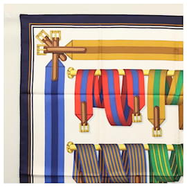 Hermès-Foulard HERMES Carré 90 ""J.METZ"" Soie Marine Blanc Auth BA1229-Blanc,Bleu Marine
