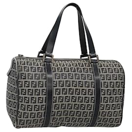 Fendi-FENDI Zucchino Canvas Boston Bag Navy Silver Auth 120038-Silvery,Navy blue