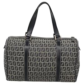 Fendi-FENDI Zucchino Canvas Boston Bag Navy Silver Auth 120038-Silvery,Navy blue