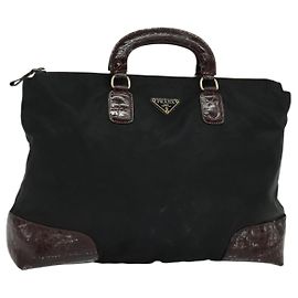 PRADA Bolsa de mão de nylon preto e dourado Auth ti2990 Preto Dourado