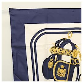 Hermès-Foulard HERMES Carré 90 ""BRIDES de GALA"" Soie Marine Blanc Auth BA1044-Blanc,Bleu Marine