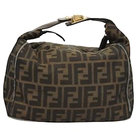 Fendi-FENDI Zucca Canvas Hand Bag Black Brown Auth 120379-Brown,Black