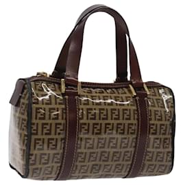 Fendi-FENDI Zucchino Canvas Hand Bag Enamel Brown Gold Auth 120158-Brown,Golden