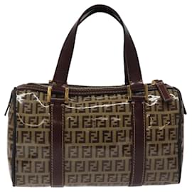 Fendi-FENDI Zucchino Canvas Hand Bag Enamel Brown Gold Auth 120158-Brown,Golden