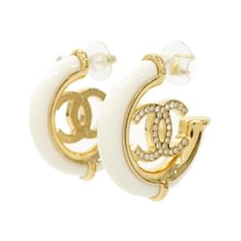 Chanel-Chanel Gold and White Hoop Earrings-White,Golden