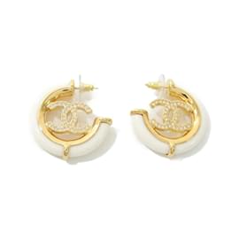 Chanel-Chanel Gold and White Hoop Earrings-White,Golden