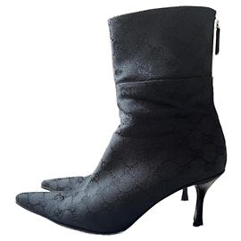 Gucci Monogram Ankle Boots Black Leather and Cloth Black Monogram