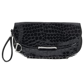 Dior-Dior Croc Embossed Oversized Wristlet Clutch in Black Patent Leather -Black