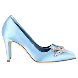 Manolo Blahnik-Manolo Blahnik Palos 90mm Rhinestone-Bird Pumps in Light Blue Satin-Blue,Light blue