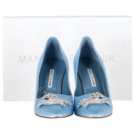Manolo Blahnik-Manolo Blahnik Palos 90mm Rhinestone-Bird Pumps in Light Blue Satin-Blue,Light blue