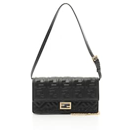 Fendi-Fendi Leather Baguette FF Emboss Shoulder Bag 8M0498AAJDF0KUR-Black