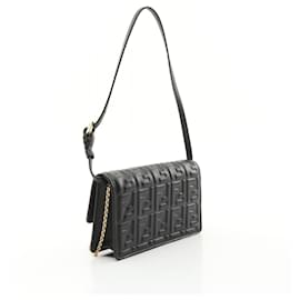 Fendi-Fendi Leather Baguette FF Emboss Shoulder Bag 8M0498AAJDF0KUR-Black