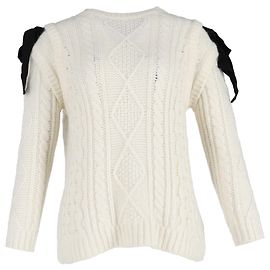 Red Valentino Oversized Pullover aus Creme-Wolle mit Schleifendetail in Kabelstrick Weiß Roh
